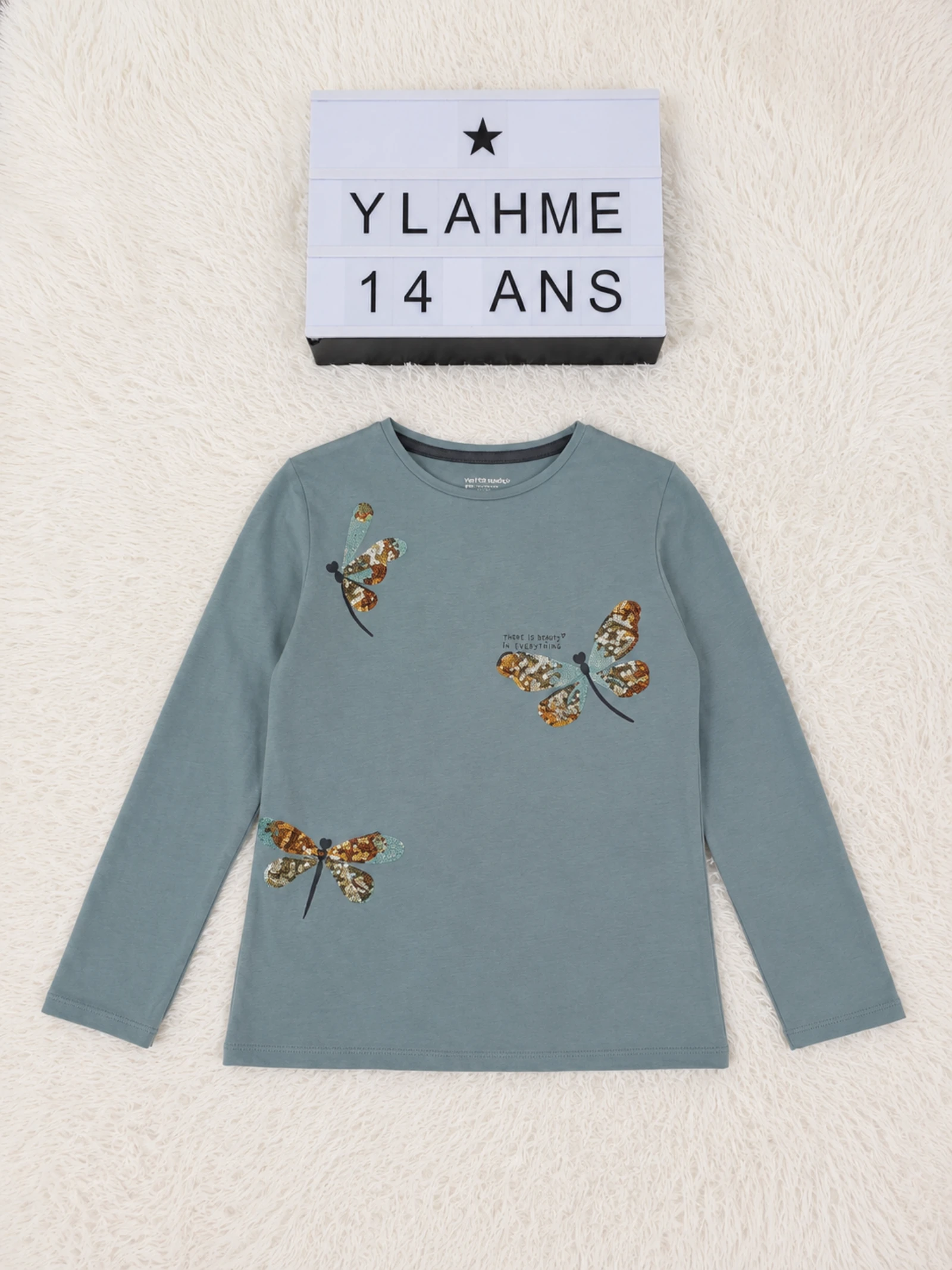 T-shirt Vertbaudet gris vert 14 ans libellules 👒